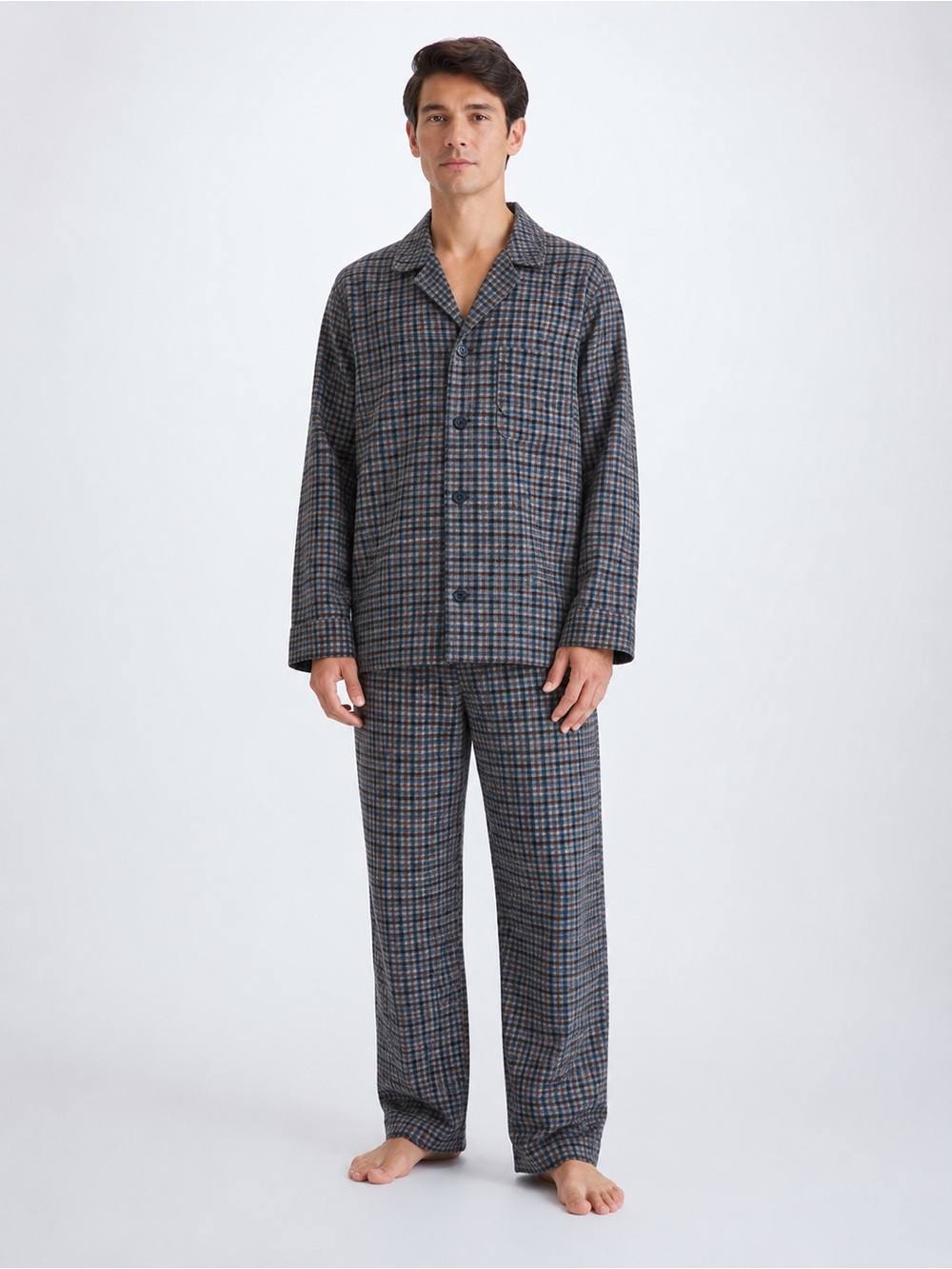 Nordstrom Mens Flannel Pajama Set Plaid Cotton Drawstring Button Blue Brown L